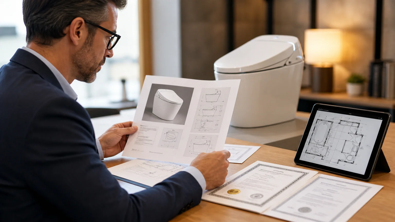 Procurement manager reviewing a smart toilet specification sheet and compliance documents for a US project